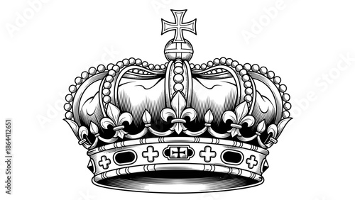 Intricate black and white line drawing of a majestic royal crown adorned with detailed