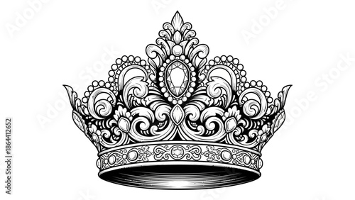 Elegant line art depiction of a regal crown adorned with intricate details and ornate