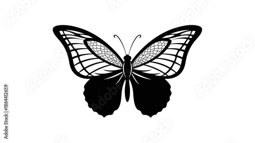 Elegant black silhouette of a butterfly with detailed wings showcasing intricate patterns and