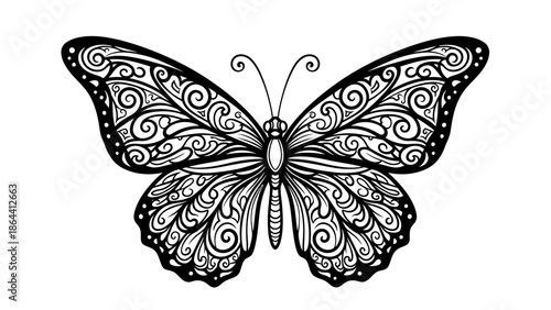 Intricate Black and White Butterfly Illustration with Elaborate Swirl Patterns and Elegant Design