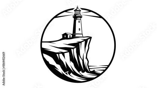 Minimalist black and white illustration of a lighthouse standing tall on a cliff overlooking the