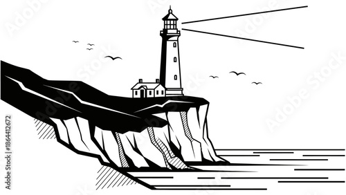 minimalist black and white lighthouse scene perched on rugged cliff overlooking ocean with
