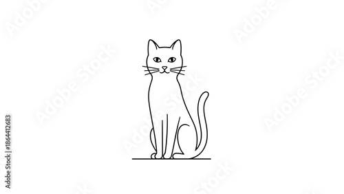 Minimalistic Line Drawing of a Sitting Cat with Expressive Eyes and Elegant Posture in Black and