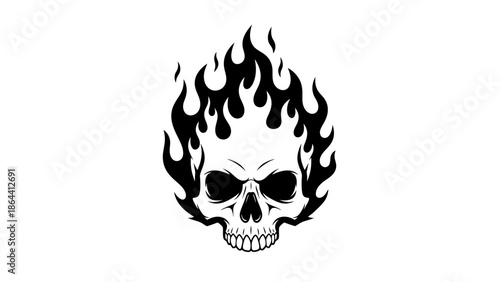 Bold black skull surrounded by dynamic flames symbolizing intensity and rebellious spirit
