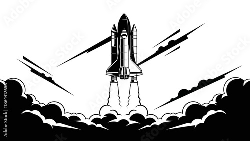 Dynamic black and white illustration of a futuristic space shuttle launching amidst dramatic
