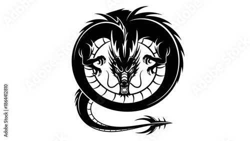 Bold black and white illustration of a fierce mythical dragon with intricate detailing and dynamic