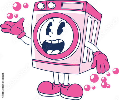funny cartoon of washing machine character hand drawn