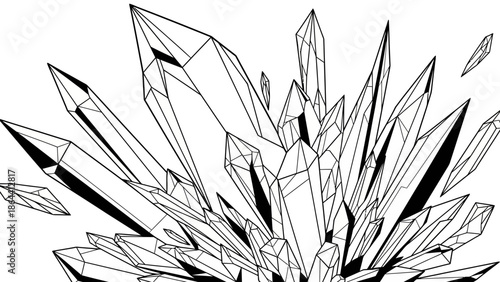 Abstract geometric crystal formation with sharp angular facets and dynamic lines in monochrome style