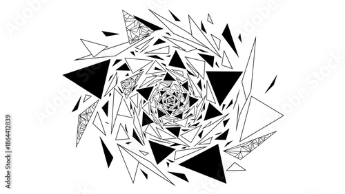 Abstract geometric spiral composed of black and white triangular shapes creating dynamic visual