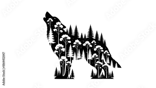 Silhouette of a Wolf with Forest Elements Creating an Artistic Natural Scene