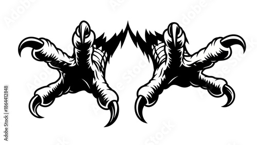 Dramatic black and white illustration of monstrous claws extending outward with a jagged backdrop