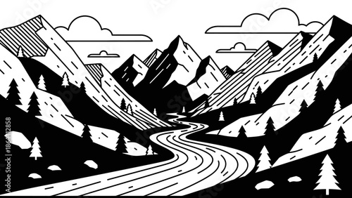 Minimalist Black and White Mountain Landscape with Winding River and Forested Valleys