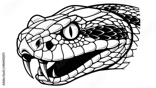 Stylized black and white snake head illustration emphasizing detailed scales and fierce expression