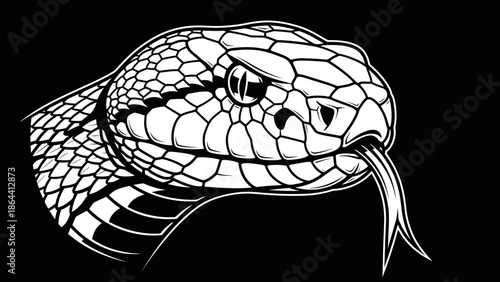Detailed monochrome illustration of a snake's head with textured scales and forked tongue