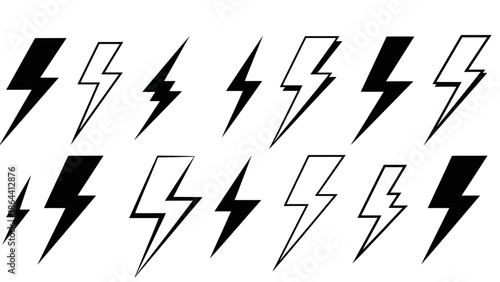 Collection of dynamic lightning bolt icons in varied angles and styles for graphic design and