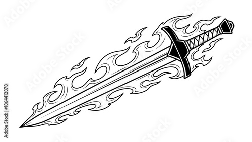 Illustration of a fantasy flaming sword with detailed hilt and fiery blade design in black and