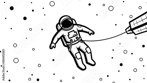 Stylized Illustration of an Astronaut Floating in Space with Cosmic Elements and Satellite