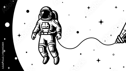 Whimsical black and white line drawing of an astronaut floating in space with stars and moon