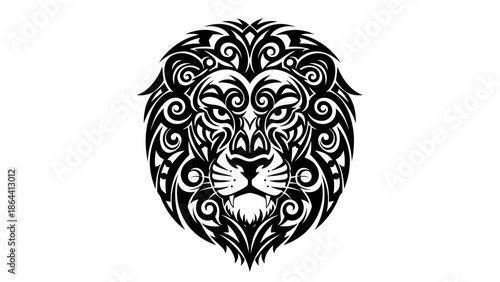 Intricate black tribal lion head design showcasing detailed swirls and fierce expression
