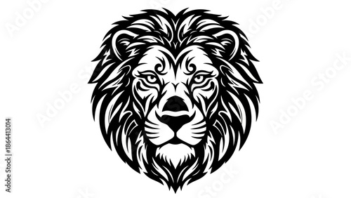 Intricate black and white lion head illustration showcasing majestic and powerful features