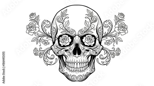 Intricate Black and White Skull Design with Floral Motifs and Decorative Elements for Artistic and