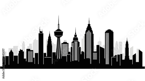 Urban skyline silhouette highlighting diverse skyscraper structures and iconic towers in a