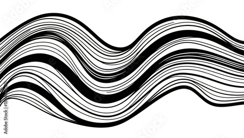 Abstract black and white flowing lines creating dynamic wave patterns in a minimalistic style
