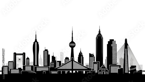 Minimalist black and white city skyline silhouette featuring iconic skyscrapers and bridges