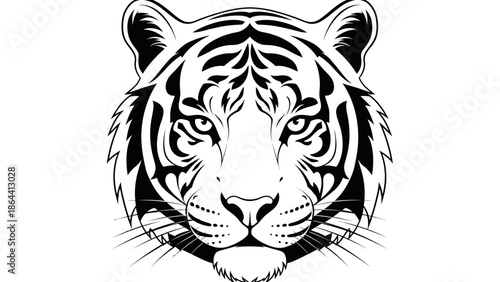 Stylized Black and White Tiger Head Illustration with Striking Facial Features