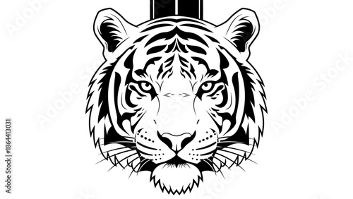 Stylized black and white tiger head with intricate line work and bold design for emblem or tattoo