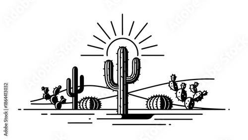 Minimalist black and white desert scene with various cacti under a radiant sun in a simple