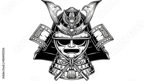 Intricate Japanese samurai helmet with fierce demon mask and detailed armor design