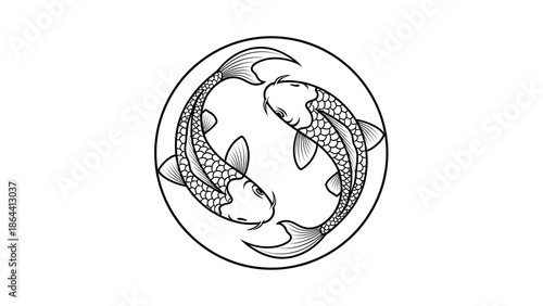 Intricate Black and White Illustration of Two Koi Fish Swimming in Circular Motion Emphasizing