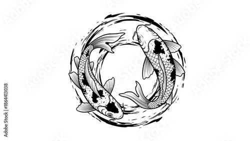 Elegant minimalist ink sketch of two koi fish circling each other in a yin-yang formation