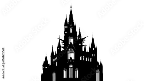 Majestic Gothic Style Castle Silhouette with Tall Spires and Ornate Windows in Black and White