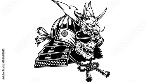 Intricate black and white illustration of legendary samurai armor with fierce mask and mythical