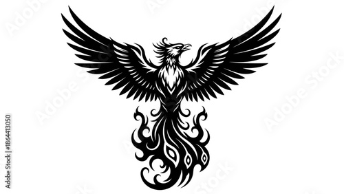 Intricate black and white phoenix illustration symbolizing rebirth and resilience in mythical