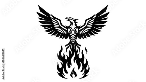 Dynamic black and white phoenix with outstretched wings rising above flames symbolizing rebirth
