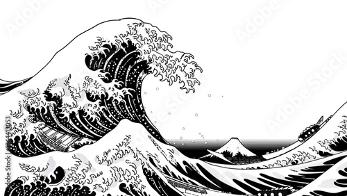 Stylized Japanese woodblock print-inspired depiction of powerful ocean waves with a distant