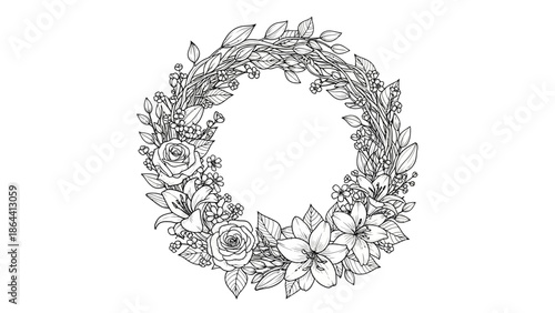Elegant Floral Wreath Illustration Featuring Detailed Botanical Elements for Decorative Art