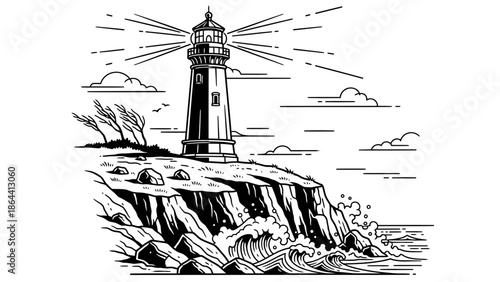 Black and White Illustration of a Lighthouse on Clifftop by the Sea with Waves and Cloudy Sky