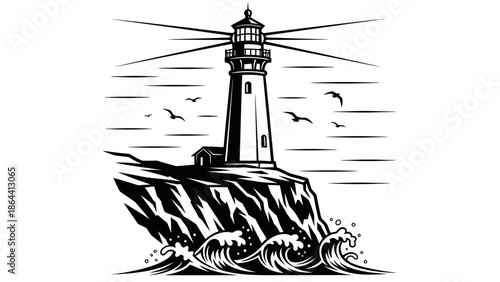Minimalist black and white lighthouse illustration on a rocky cliff with ocean waves and flying