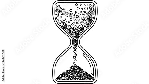 Abstract geometric hourglass illustration composed of diverse shapes and patterns with a