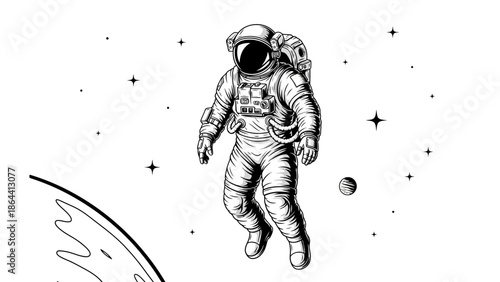 Illustration of a modern astronaut floating in space surrounded by stars and planets capturing the
