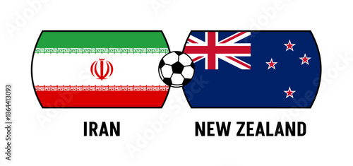 Flags of Iran and New Zealand for an international football match. Concept of a world football competition in 2026.