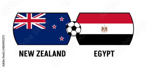 Flags of Egypt and New Zealand for an international football match. Concept of a world football competition in 2026.