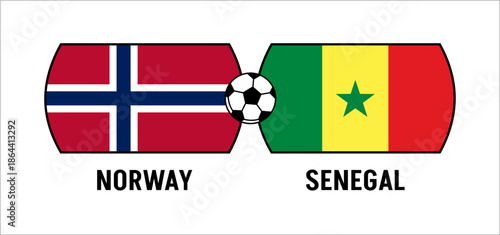 Flags of Senegal and Norway for an international football match. Concept of a world football competition in 2026.