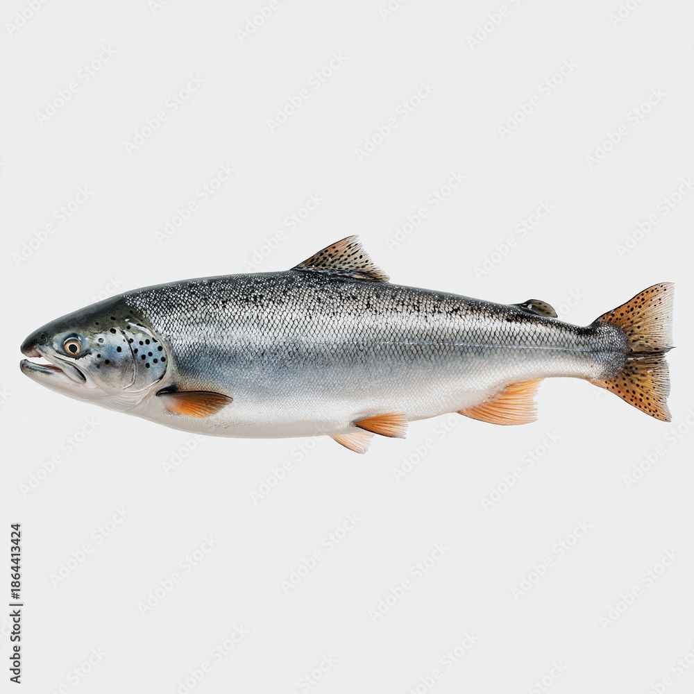 Obraz premium Atlantic salmon fish isolated on a white background. Fresh seafood concept, healthy nutrition, fishing industry, aquaculture, marine life, and food ingredients.