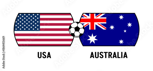 Flags of the United States and Australia for an international soccer match. Concept of a world soccer competition in 2026.