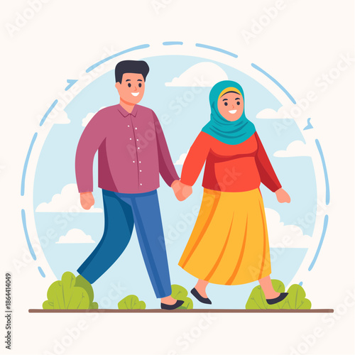 Cartoon Couple Holding Hands Together Smiling.